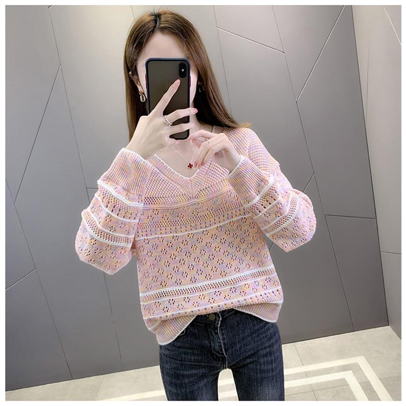 レディース ニット トップス 透し編み ニットソー ファッション 長袖 女の子 フェミニン 大人 Vネック 秋 夏新作 プルオーバー 