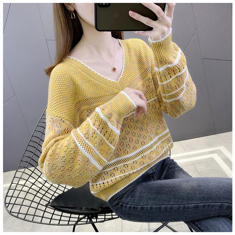 レディース ニット トップス 透し編み ニットソー ファッション 長袖 女の子 フェミニン 大人 Vネック 秋 夏新作 プルオーバー 