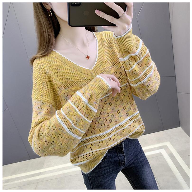 レディース ニット トップス 透し編み ニットソー ファッション 長袖 女の子 フェミニン 大人 Vネック 秋 夏新作 プルオーバー 