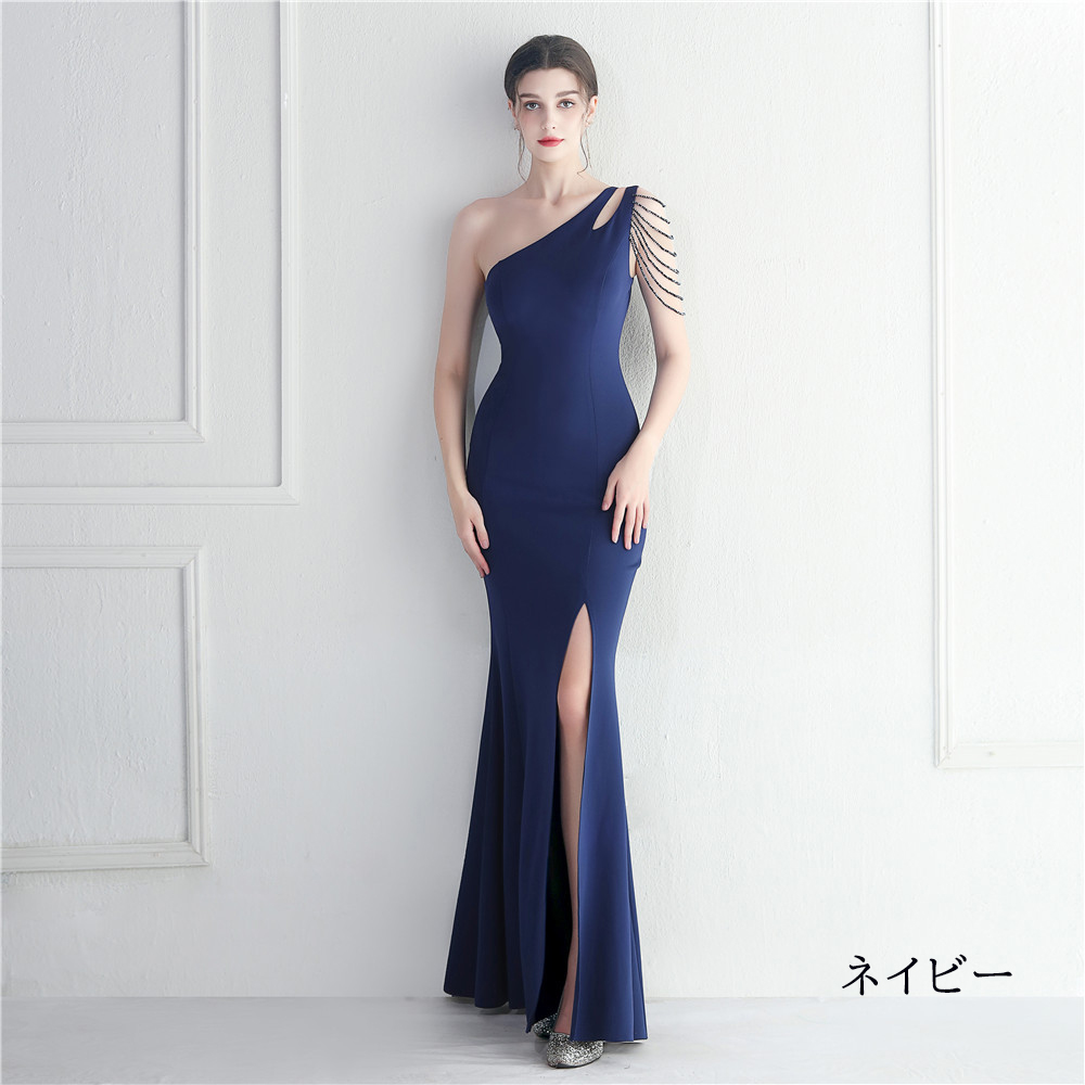 カラードレス マーメイドドレス パーティードレス ワンショルダー スリット イブニングドレス サテン 結婚式 二次会 発表会 ファスナー ウェディングドレス 