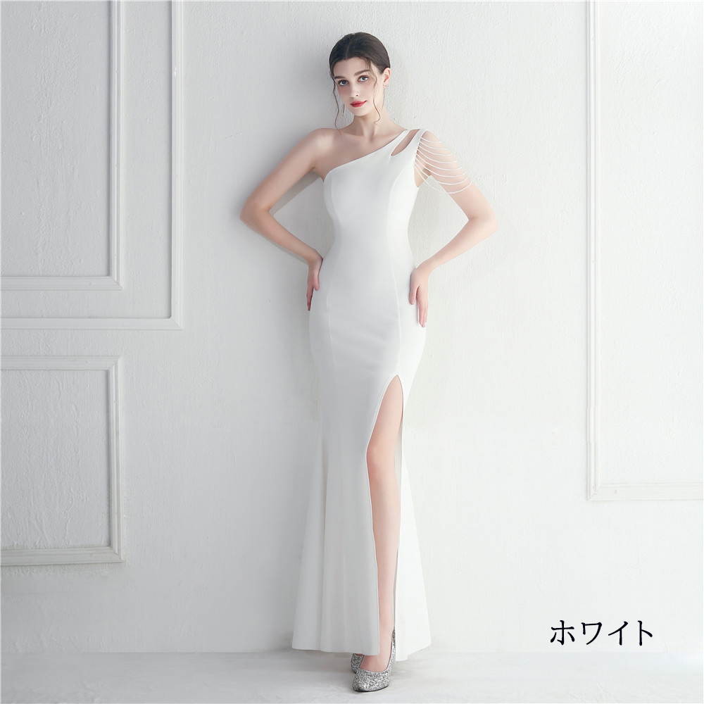 カラードレス マーメイドドレス パーティードレス ワンショルダー スリット イブニングドレス サテン 結婚式 二次会 発表会 ファスナー ウェディングドレス 