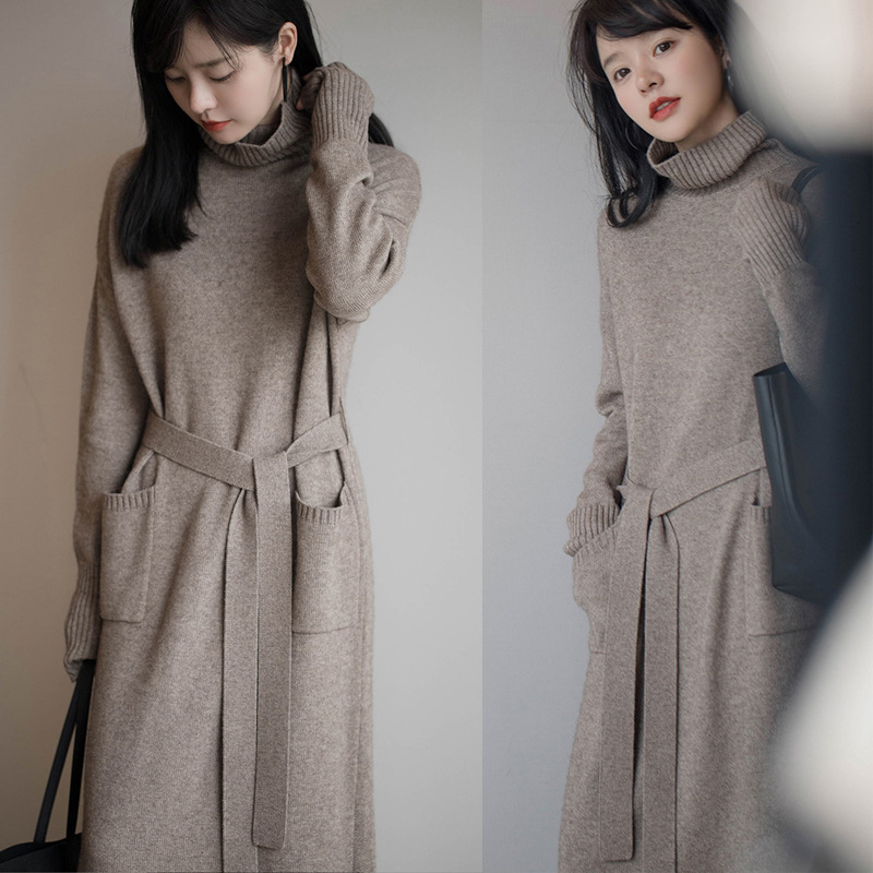 ニットワンピース ロングワンピース レディース 膝下 ゆったり 体型カバー 秋冬 オシャレ韓国風 ストレートスカート 無地ハイネック 大人セーター 着痩せ 