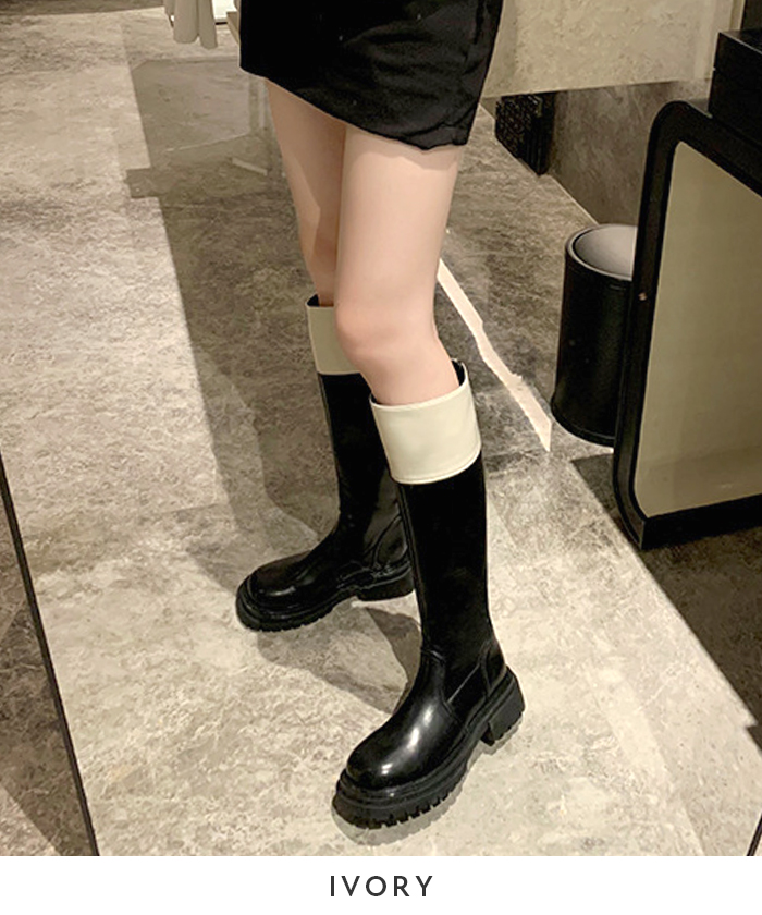 ブーツ レディース 秋 冬 ロング 厚底 配色 かわいい 韓国ファッション 高見え カジュアル おしゃれ きれいめ 配色タンクソールロングブーツ 