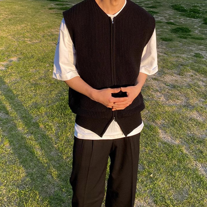 ニットベスト メンズ チョッキ 紳士服 ファスナー Vネック 前開き きれいめ ジップアップ オフィス トップス ビジネス 秋冬 カジュアル セーター おしゃれ 