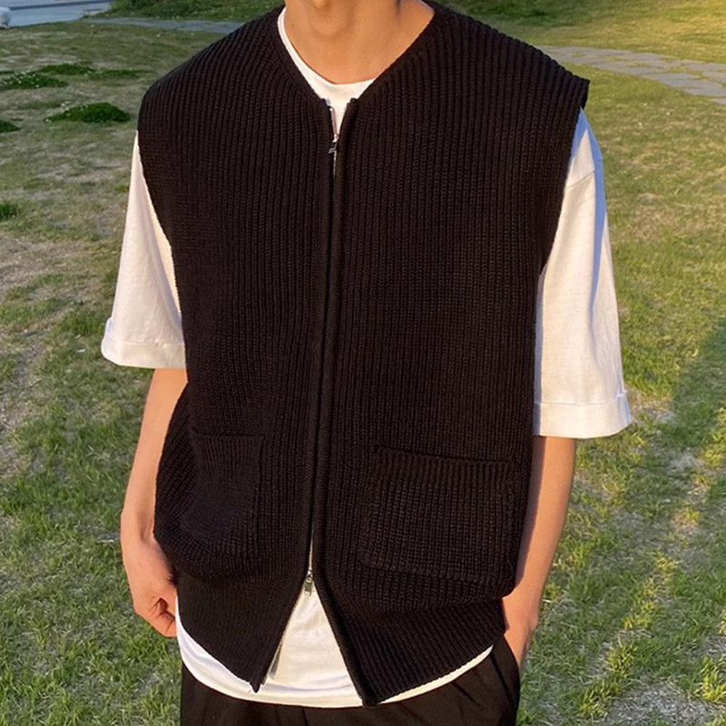 ニットベスト メンズ チョッキ 紳士服 ファスナー Vネック 前開き きれいめ ジップアップ オフィス トップス ビジネス 秋冬 カジュアル セーター おしゃれ 