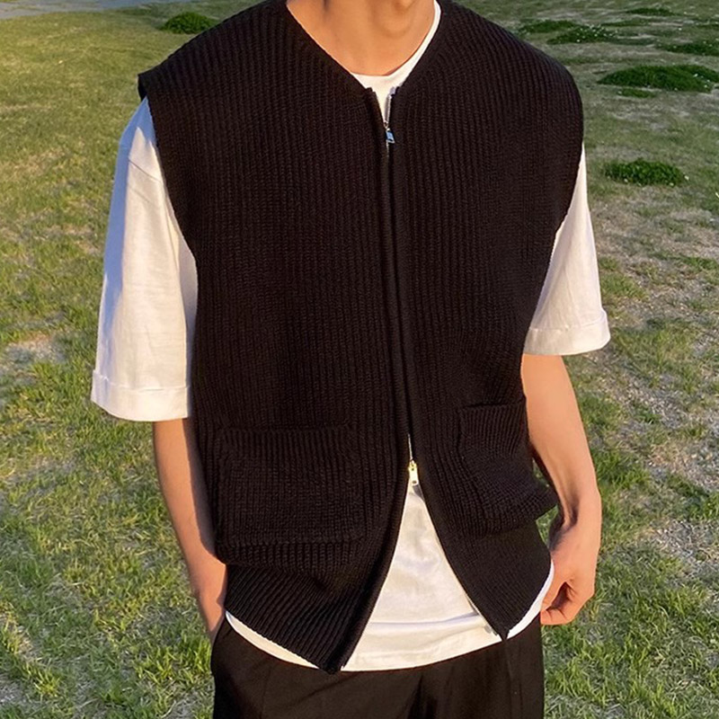 ニットベスト メンズ チョッキ 紳士服 ファスナー Vネック 前開き きれいめ ジップアップ オフィス トップス ビジネス 秋冬 カジュアル セーター おしゃれ 