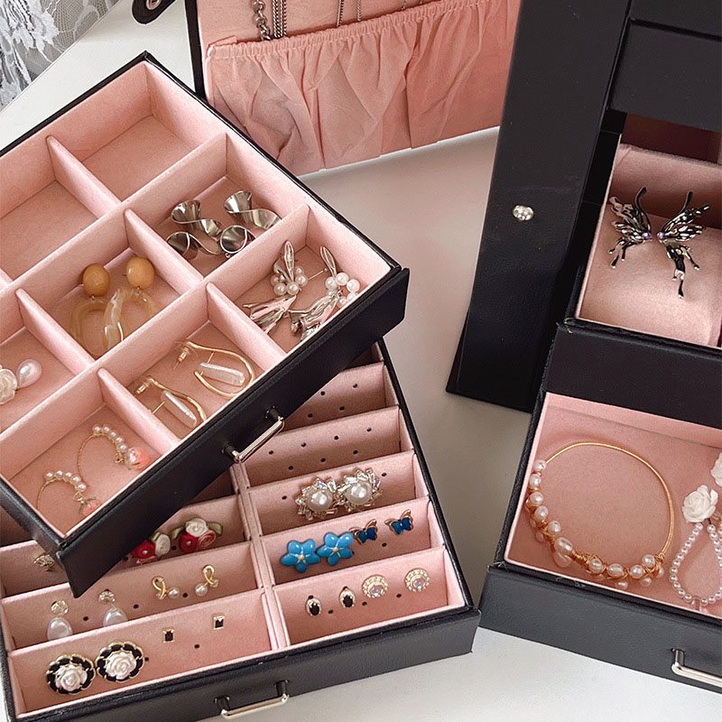 ジュエリーボックス クリスタル 収納家具 小物入れ 木製 大容量 白 ネックレス アクセサリー収納 可愛い 姫系 5段 指輪 アクセサリーケース ピンク 宝石箱 