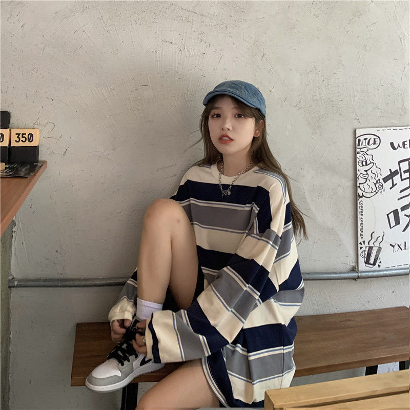 トレーナー レディース ゆったり スウェット カットソー 長袖 可愛い おしゃれ 大きいサイズ ストライプ プルオーバー カジュアル Tシャツ ビッグシルエット 