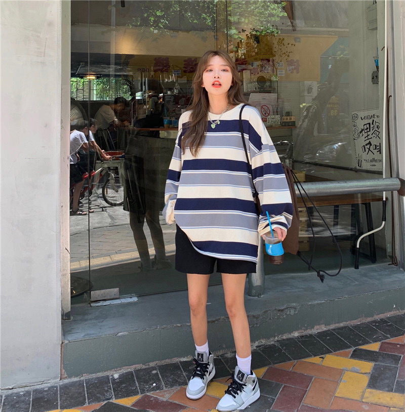 トレーナー レディース ゆったり スウェット カットソー 長袖 可愛い おしゃれ 大きいサイズ ストライプ プルオーバー カジュアル Tシャツ ビッグシルエット 