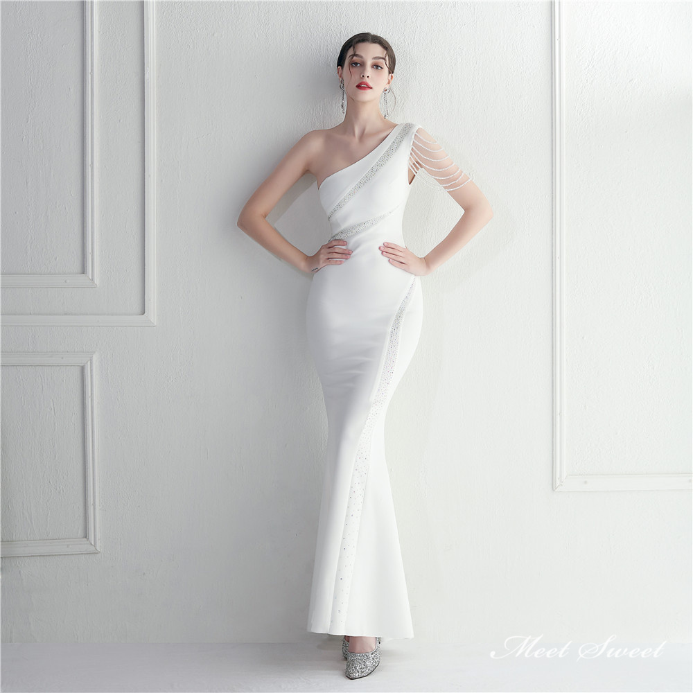 カラードレス マーメイドドレス ワンショルダー ビーズ パーティードレス イブニングドレス 発表会 結婚式 サテン 二次会 ファスナー ウェディングドレス 