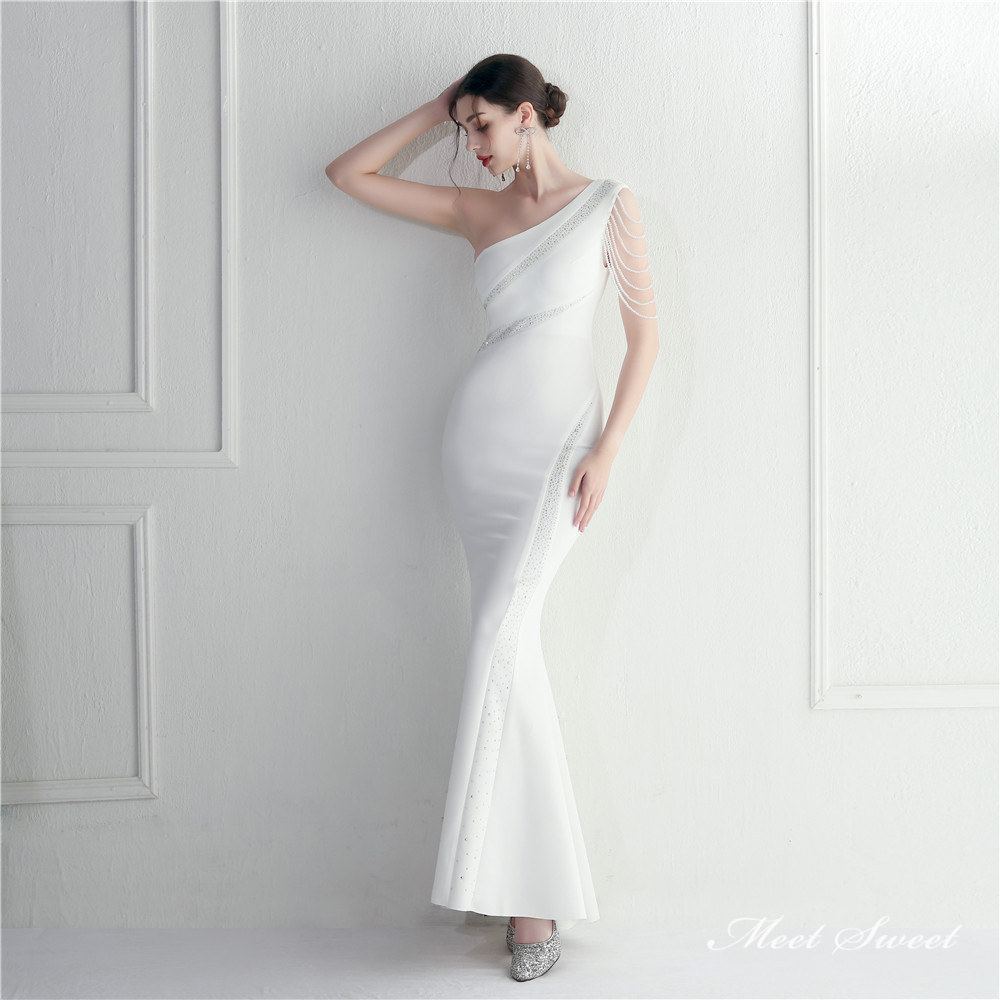 カラードレス マーメイドドレス ワンショルダー ビーズ パーティードレス イブニングドレス 発表会 結婚式 サテン 二次会 ファスナー ウェディングドレス 