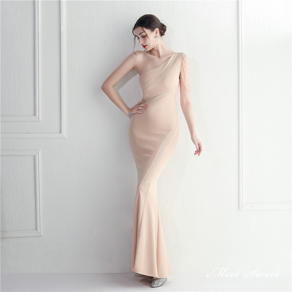 カラードレス マーメイドドレス ワンショルダー ビーズ パーティードレス イブニングドレス 発表会 結婚式 サテン 二次会 ファスナー ウェディングドレス 