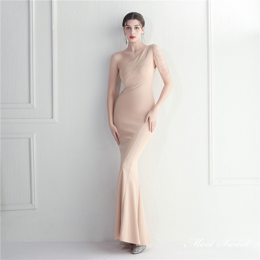 カラードレス マーメイドドレス ワンショルダー ビーズ パーティードレス イブニングドレス 発表会 結婚式 サテン 二次会 ファスナー ウェディングドレス 