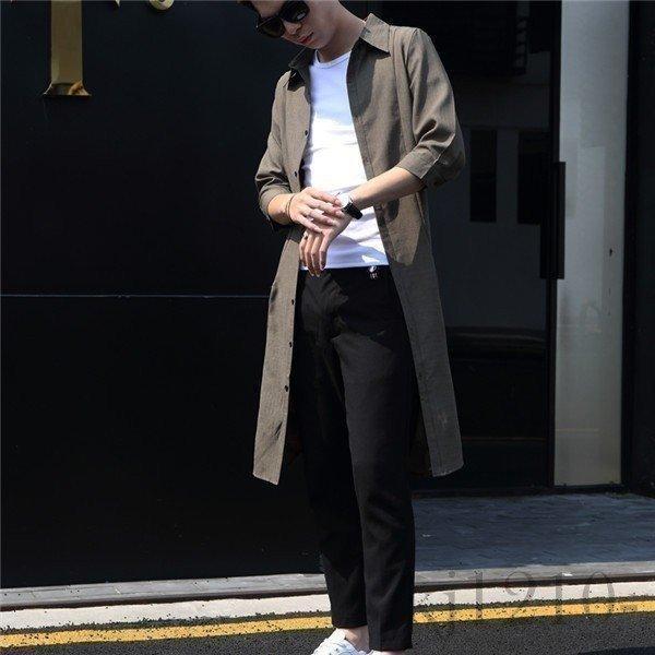 シャツ メンズ 長袖 春物 春服 トレンチコート サマーコート アウター かっこいい ロング丈 スリム カジュアル コットン 細身 メンズファッション トップス 