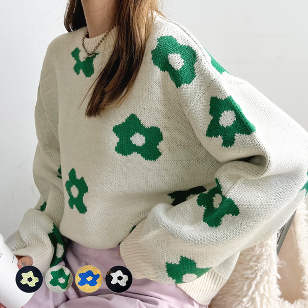 ニット レディース 長袖 秋 冬 防寒 シンプル きれいめ 総花柄ニットプルオーバー 大人可愛い ネック 韓国ファッション カジュアル お洒落 花柄 