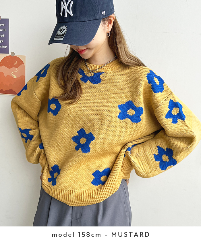 ニット レディース 長袖 秋 冬 防寒 シンプル きれいめ 総花柄ニットプルオーバー 大人可愛い ネック 韓国ファッション カジュアル お洒落 花柄 