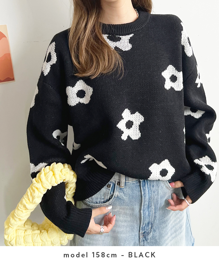 ニット レディース 長袖 秋 冬 防寒 シンプル きれいめ 総花柄ニットプルオーバー 大人可愛い ネック 韓国ファッション カジュアル お洒落 花柄 