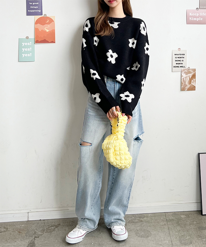 ニット レディース 長袖 秋 冬 防寒 シンプル きれいめ 総花柄ニットプルオーバー 大人可愛い ネック 韓国ファッション カジュアル お洒落 花柄 