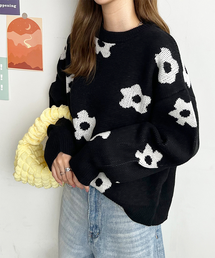 ニット レディース 長袖 秋 冬 防寒 シンプル きれいめ 総花柄ニットプルオーバー 大人可愛い ネック 韓国ファッション カジュアル お洒落 花柄 