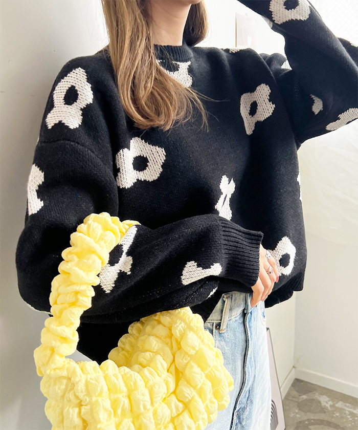 ニット レディース 長袖 秋 冬 防寒 シンプル きれいめ 総花柄ニットプルオーバー 大人可愛い ネック 韓国ファッション カジュアル お洒落 花柄 