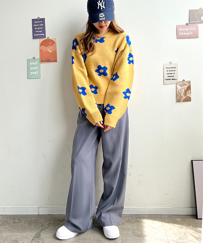 ニット レディース 長袖 秋 冬 防寒 シンプル きれいめ 総花柄ニットプルオーバー 大人可愛い ネック 韓国ファッション カジュアル お洒落 花柄 