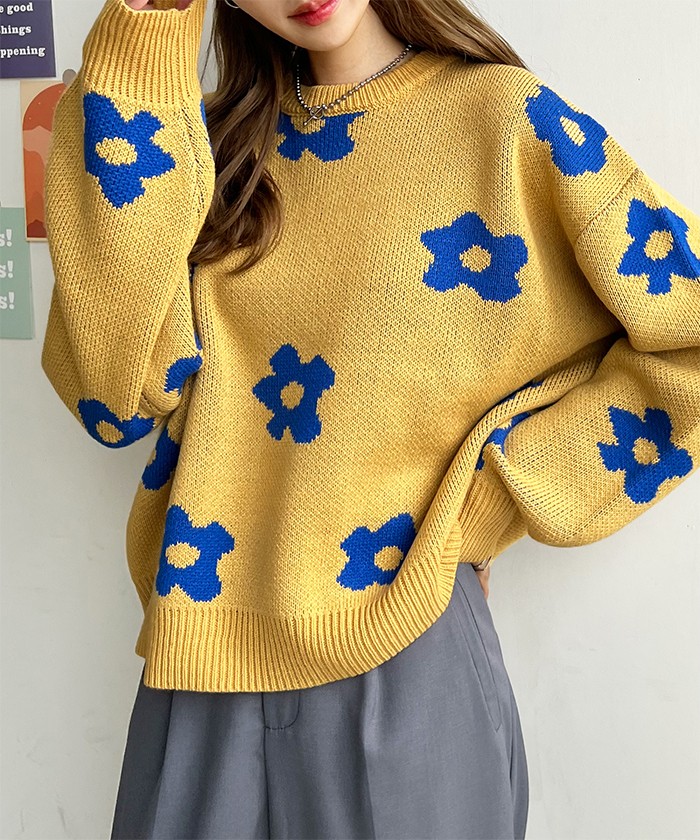 ニット レディース 長袖 秋 冬 防寒 シンプル きれいめ 総花柄ニットプルオーバー 大人可愛い ネック 韓国ファッション カジュアル お洒落 花柄 