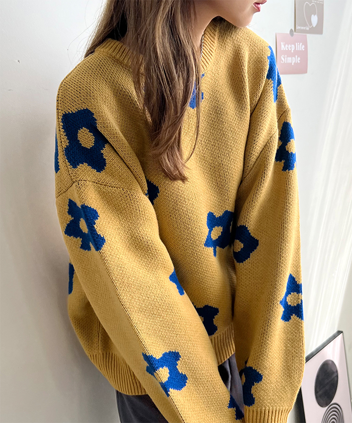 ニット レディース 長袖 秋 冬 防寒 シンプル きれいめ 総花柄ニットプルオーバー 大人可愛い ネック 韓国ファッション カジュアル お洒落 花柄 