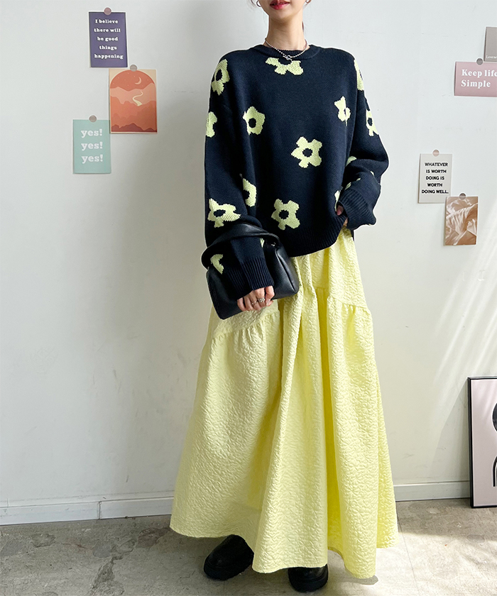 ニット レディース 長袖 秋 冬 防寒 シンプル きれいめ 総花柄ニットプルオーバー 大人可愛い ネック 韓国ファッション カジュアル お洒落 花柄 