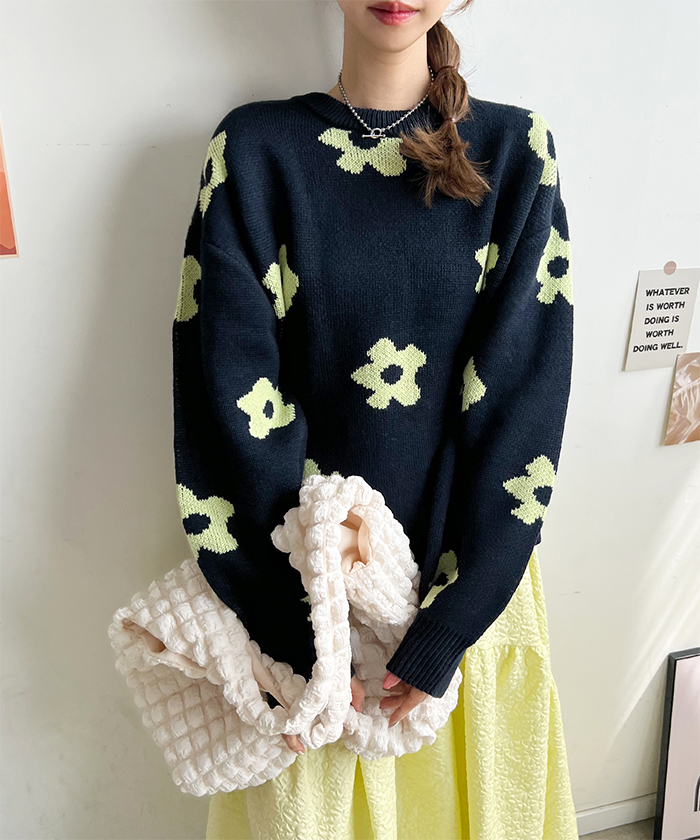 ニット レディース 長袖 秋 冬 防寒 シンプル きれいめ 総花柄ニットプルオーバー 大人可愛い ネック 韓国ファッション カジュアル お洒落 花柄 