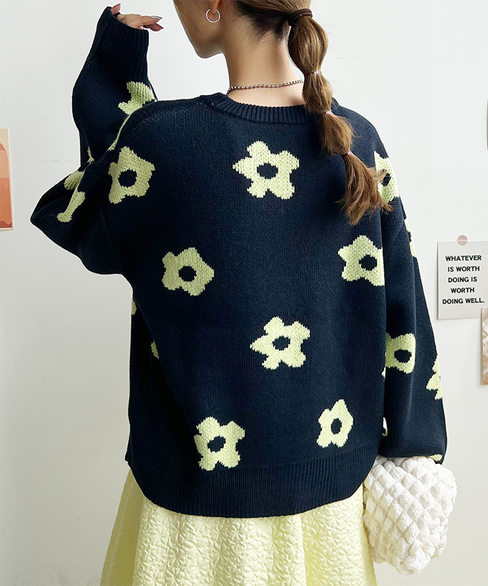ニット レディース 長袖 秋 冬 防寒 シンプル きれいめ 総花柄ニットプルオーバー 大人可愛い ネック 韓国ファッション カジュアル お洒落 花柄 