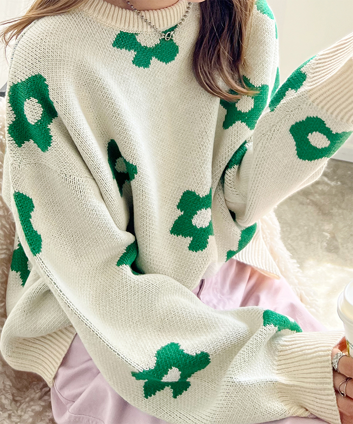 ニット レディース 長袖 秋 冬 防寒 シンプル きれいめ 総花柄ニットプルオーバー 大人可愛い ネック 韓国ファッション カジュアル お洒落 花柄 