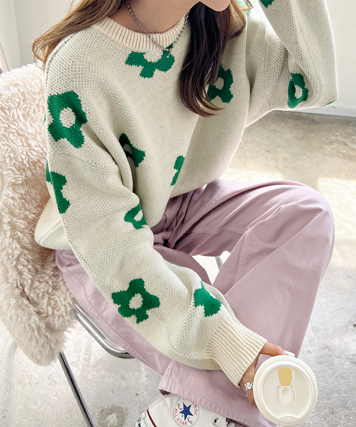 ニット レディース 長袖 秋 冬 防寒 シンプル きれいめ 総花柄ニットプルオーバー 大人可愛い ネック 韓国ファッション カジュアル お洒落 花柄 