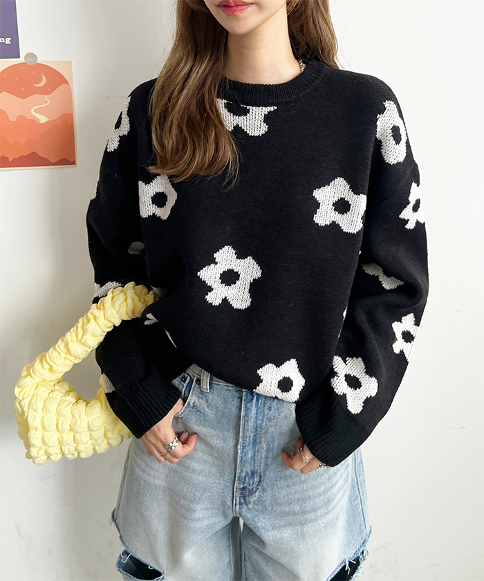 ニット レディース 長袖 秋 冬 防寒 シンプル きれいめ 総花柄ニットプルオーバー 大人可愛い ネック 韓国ファッション カジュアル お洒落 花柄 