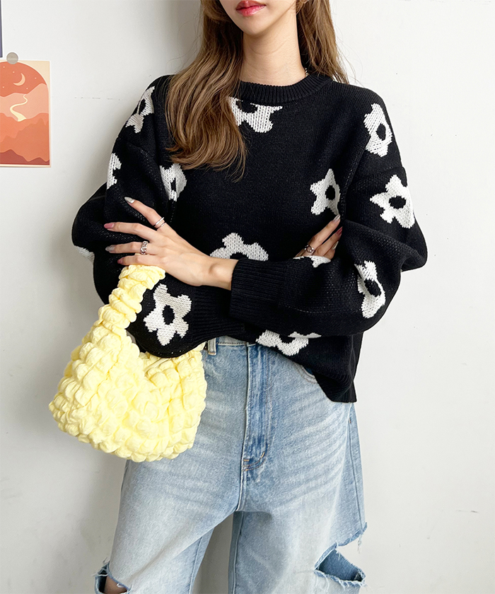 ニット レディース 長袖 秋 冬 防寒 シンプル きれいめ 総花柄ニットプルオーバー 大人可愛い ネック 韓国ファッション カジュアル お洒落 花柄 