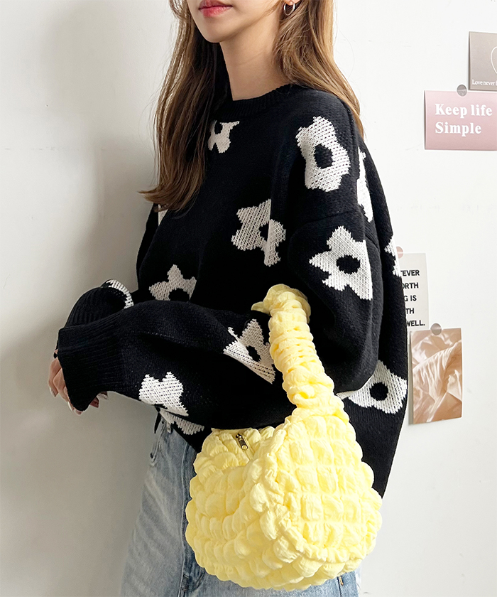 ニット レディース 長袖 秋 冬 防寒 シンプル きれいめ 総花柄ニットプルオーバー 大人可愛い ネック 韓国ファッション カジュアル お洒落 花柄 