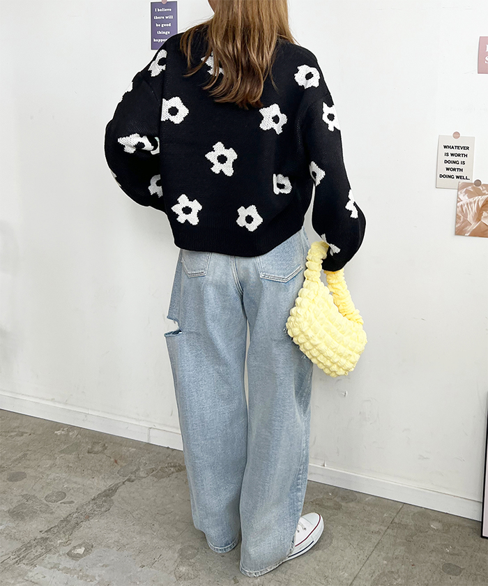 ニット レディース 長袖 秋 冬 防寒 シンプル きれいめ 総花柄ニットプルオーバー 大人可愛い ネック 韓国ファッション カジュアル お洒落 花柄 