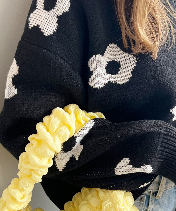 ニット レディース 長袖 秋 冬 防寒 シンプル きれいめ 総花柄ニットプルオーバー 大人可愛い ネック 韓国ファッション カジュアル お洒落 花柄 