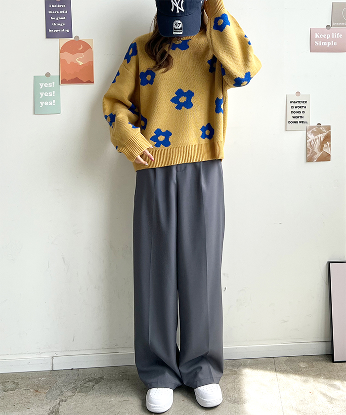 ニット レディース 長袖 秋 冬 防寒 シンプル きれいめ 総花柄ニットプルオーバー 大人可愛い ネック 韓国ファッション カジュアル お洒落 花柄 