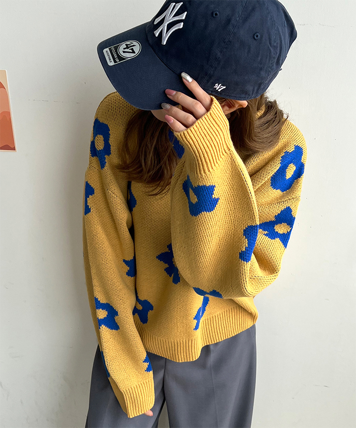 ニット レディース 長袖 秋 冬 防寒 シンプル きれいめ 総花柄ニットプルオーバー 大人可愛い ネック 韓国ファッション カジュアル お洒落 花柄 