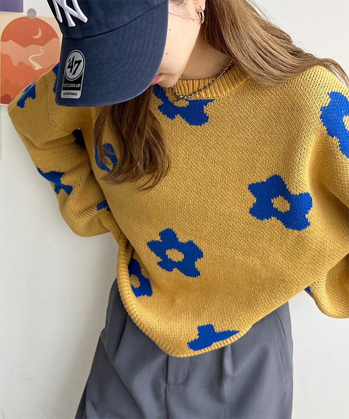 ニット レディース 長袖 秋 冬 防寒 シンプル きれいめ 総花柄ニットプルオーバー 大人可愛い ネック 韓国ファッション カジュアル お洒落 花柄 