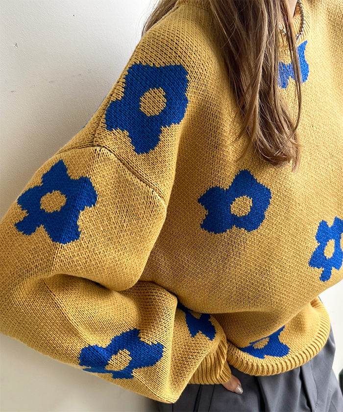 ニット レディース 長袖 秋 冬 防寒 シンプル きれいめ 総花柄ニットプルオーバー 大人可愛い ネック 韓国ファッション カジュアル お洒落 花柄 