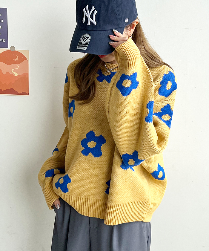 ニット レディース 長袖 秋 冬 防寒 シンプル きれいめ 総花柄ニットプルオーバー 大人可愛い ネック 韓国ファッション カジュアル お洒落 花柄 