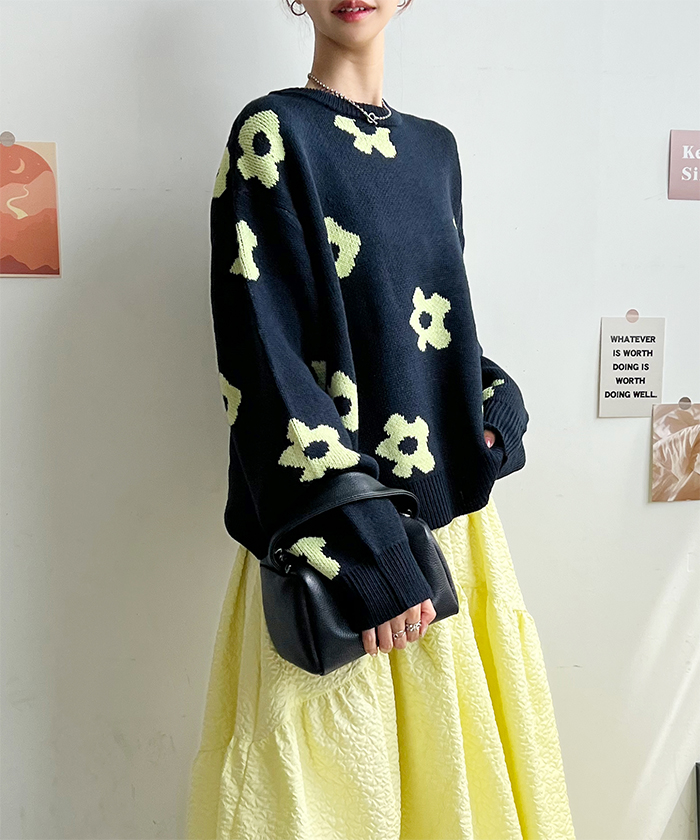 ニット レディース 長袖 秋 冬 防寒 シンプル きれいめ 総花柄ニットプルオーバー 大人可愛い ネック 韓国ファッション カジュアル お洒落 花柄 
