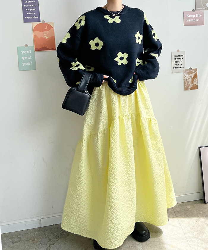 ニット レディース 長袖 秋 冬 防寒 シンプル きれいめ 総花柄ニットプルオーバー 大人可愛い ネック 韓国ファッション カジュアル お洒落 花柄 