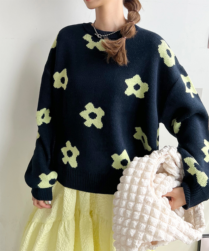 ニット レディース 長袖 秋 冬 防寒 シンプル きれいめ 総花柄ニットプルオーバー 大人可愛い ネック 韓国ファッション カジュアル お洒落 花柄 