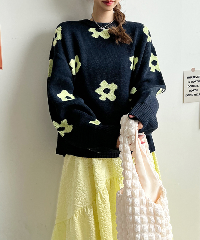 ニット レディース 長袖 秋 冬 防寒 シンプル きれいめ 総花柄ニットプルオーバー 大人可愛い ネック 韓国ファッション カジュアル お洒落 花柄 