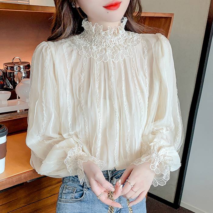レースブラウス 長袖 シフォンシャツ 花柄 春秋 トップス プチハイネック トップス フリル シャツブラウス インナー レディース 