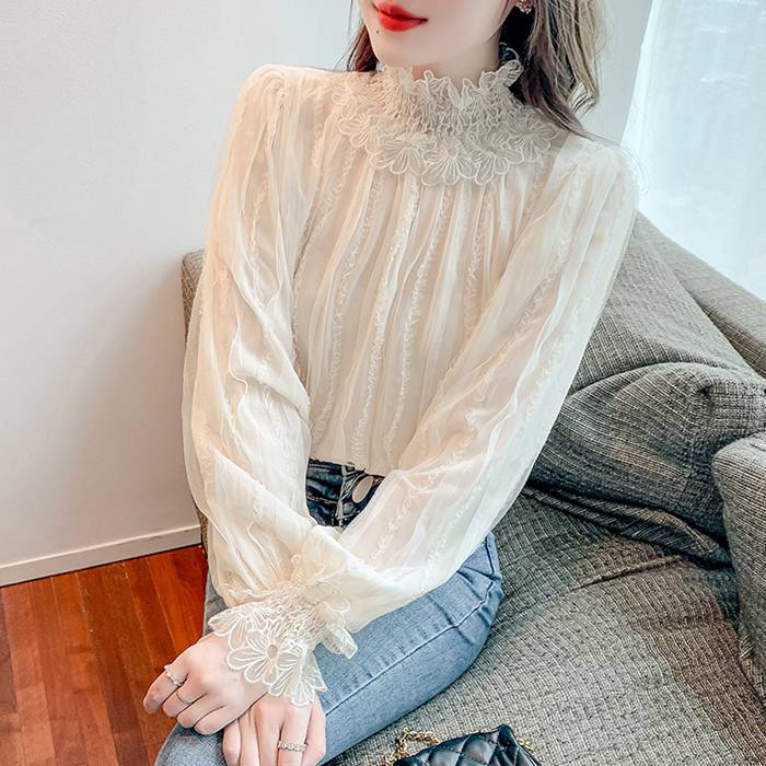 レースブラウス 長袖 シフォンシャツ 花柄 春秋 トップス プチハイネック トップス フリル シャツブラウス インナー レディース 