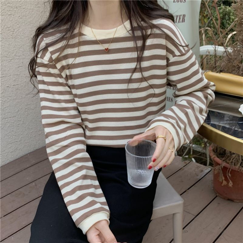 カットソー レディース Tシャツ ストライプ トップス ゆるTシャツ かわいい 重ね着 インナー 薄手 カジュアル 長袖 レイヤード 女性用 