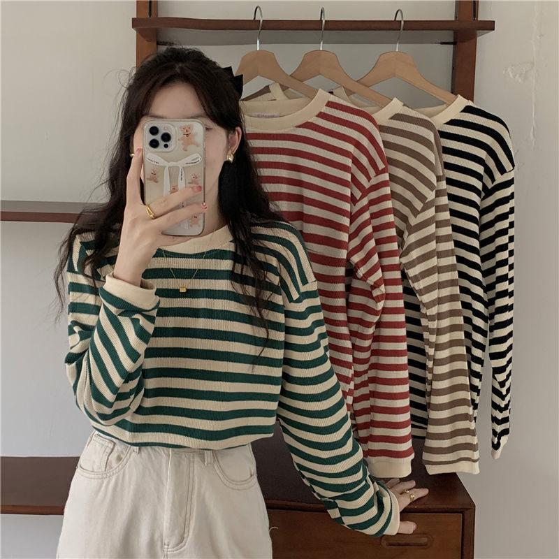 カットソー レディース Tシャツ ストライプ トップス ゆるTシャツ かわいい 重ね着 インナー 薄手 カジュアル 長袖 レイヤード 女性用 